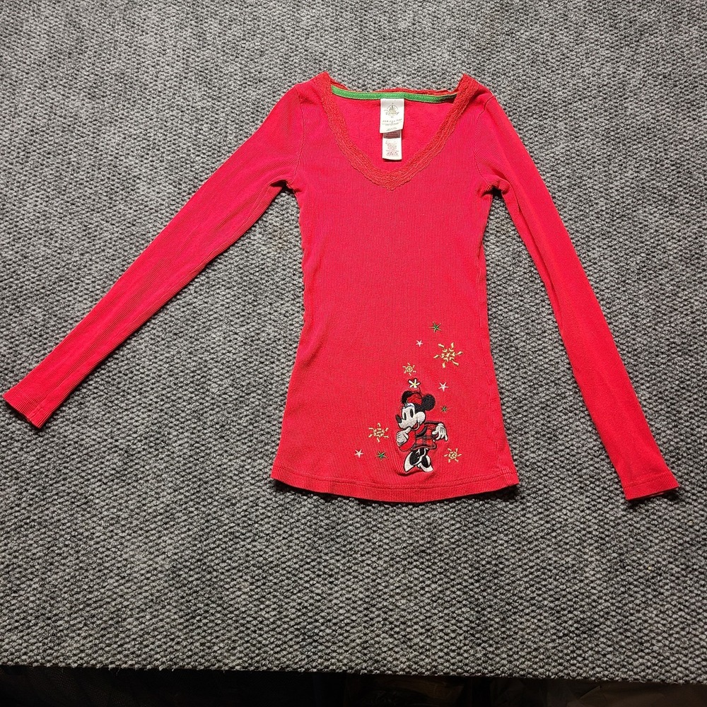 Disney Store Thermal Top Women XS Red Minnie Mouse Christmas Holiday Embroidered